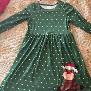 Green Polka Dot Dress with Reindeer Design